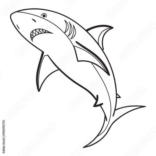 Predatory shark line drawing for kids coloring activity showing powerful body and sharp teeth isolated on white background for educational purposes