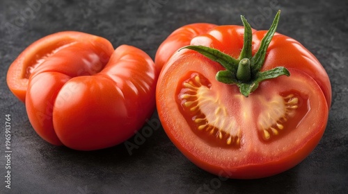 Two ripe heirloom tomatoes, one sliced, showcasing vibrant red flesh and seeds on dark background.