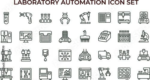 Laboratory automation line icon set for robotic diagnostics equipment research technology healthcare interface symbols vector industrial science applications