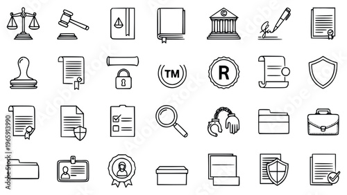 Various law and legal icons including scales, gavel, law book, contract, trademark, patent, and compliance symbols used for justice and legal concepts.