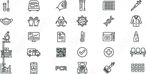 Diagnostic medical laboratory testing line icon set for healthcare PCR analysis infection screening interface symbols vector clinical applications