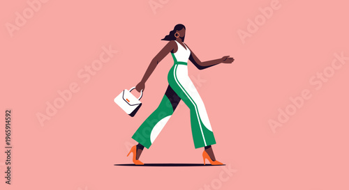 Black Woman Walking in Fashionable Jumpsuit with Handbag