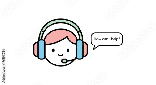 Simple vector graphic illustration of a cheerful customer service agent wearing a headset and speaking the friendly phrase how can i help question.