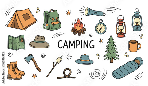 Camping gear arranged around camping text on white background