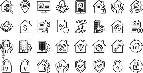Real Estate and Property Management Icon Set Featuring Home Security, Contracts, Maintenance, Investment, Smart House Technology, and Housing Services for UI Design