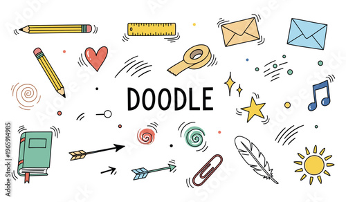 Doodle elements scattered across white background page