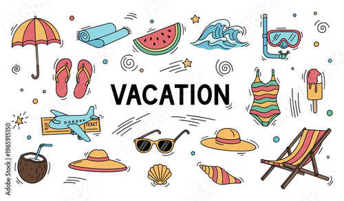 Vacation icons scattered around text on white beach background