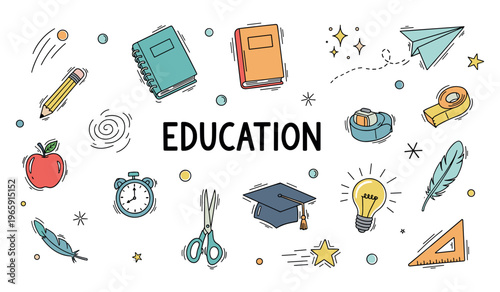 Education supplies scattered around central heading on white background