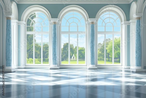 Grand hall with large windows in palace or castle, surrounded by lush greenery