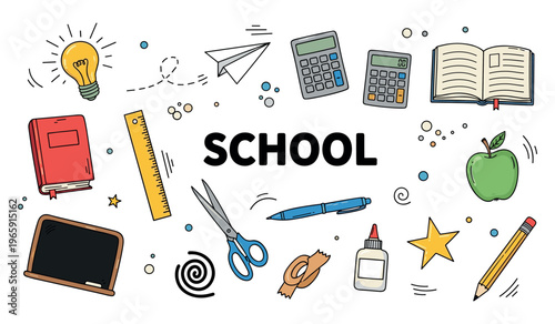 School supplies icons arranged around central text on white background