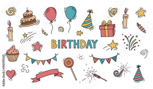 Birthday icons celebrating scattered on white background
