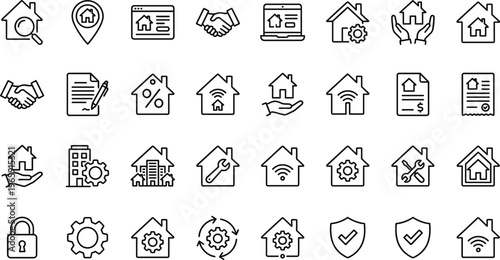 Real Estate and Smart Home Line Icon Set Featuring Property Search, Security, Maintenance, Investment, Contracts, and House Automation for UI and App Design