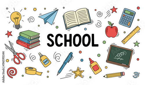 School supplies illustrated in educational classroom layout