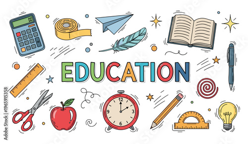 Education icons arranged around text on white background