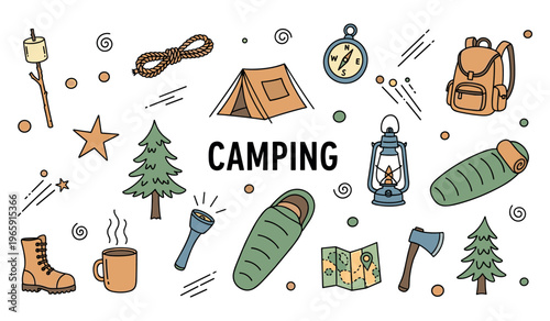 Camping gear arranged on white background with tent icons