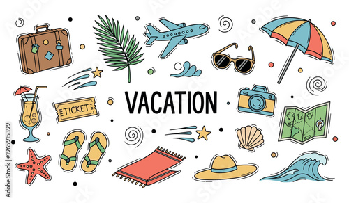 Vacation travel icons showing beach holiday elements in white space