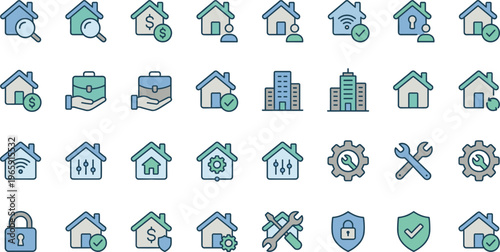 Smart Home and Real Estate Icon Set Featuring Property, Security, Maintenance, Connectivity, Investment, and House Automation Elements for Apps and UI Design