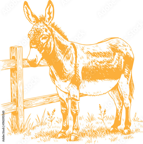 A donkey grazing leisurely beside a rustic wooden fence in a pastoral setting Vector, illustration