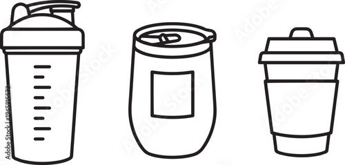 Black Line Art of Three Different Types of Cups and Tumblers