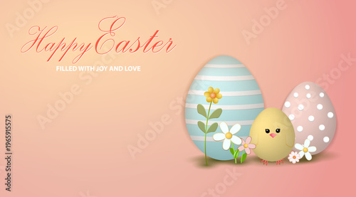 Easter eggs and a chicken .Template design greeting card, banner -Happy Easter