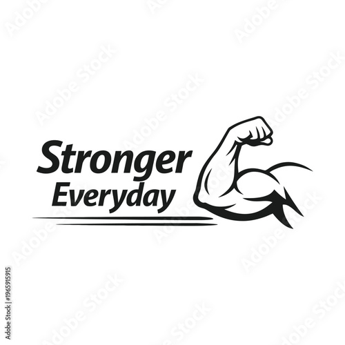 Stronger everyday motivational fitness logo with a flexed muscular bicep arm icon on white.