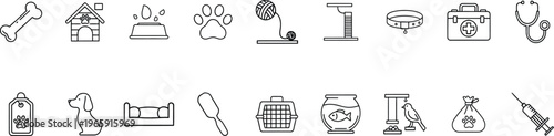 A collection of black and white line icons related to pets and veterinary care