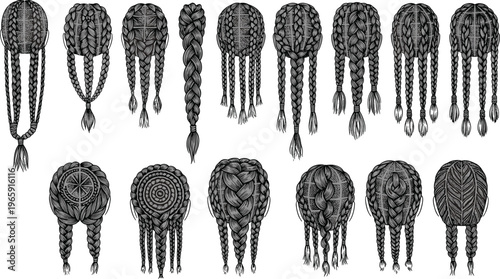 Set of hand drawn illustrations featuring various braided hairstyles and pigtails for women and girls isolated on a plain white background background
