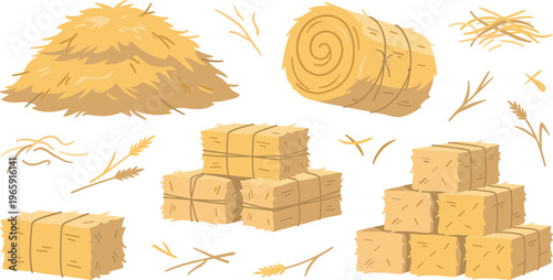 Straw and Hay Bale Collection Vector Illustration Featuring Pile Round Roll Square Bundles and Scattered Wheat Elements for Farming Agriculture Design Projects