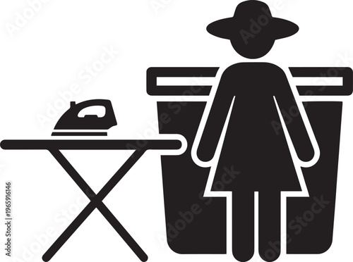 Woman Standing Next to Ironing Board and Laundry Basket