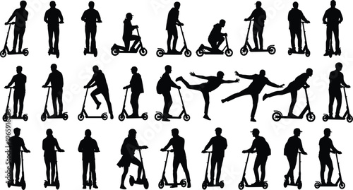 Black Silhouettes of People Riding Electric Scooters in Various Poses and Actions Isolated on White Background for Urban Micro Mobility