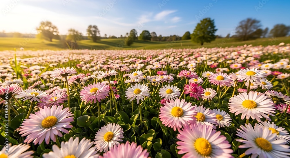Obraz premium Vibrant Daisy Field Under a Clear Blue Sky at Sunset