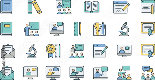 Education and E-Learning Icon Set Featuring Books, Online Classes, Certificates, Teaching Tools, Study Materials, and Academic Elements for UI Design
