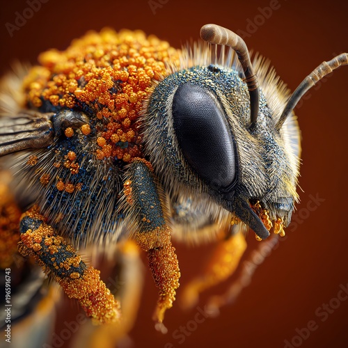 Macro View of a Bee Covered in Orange Pollen