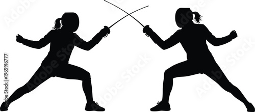 Two Female Fencers Black Silhouette Competing in Fencing Match with Foils Action Poses Professional Sports Competition Isolated on White Background for Design