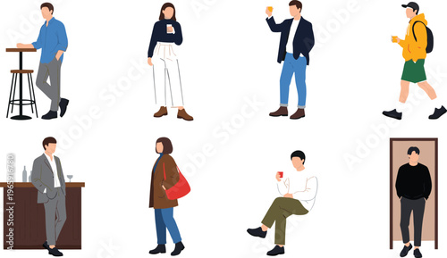 Flat vector illustration of diverse people in casual and formal outfits standing sitting and walking for architectural and lifestyle projects.