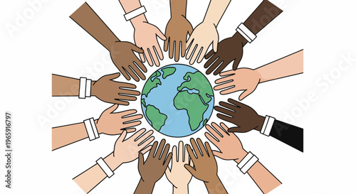Diverse group of people from around the world joining hands around the Earth on a day of unity and global connection.
