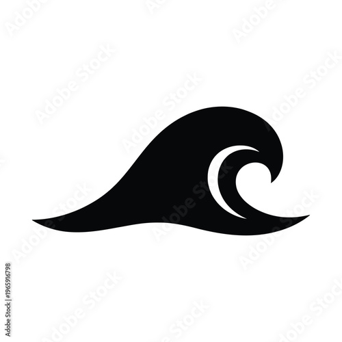 Black silhouette of a stylized ocean wave crashing on a white background icon
