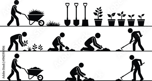 Gardening and Landscaping Vector Icon Set Featuring Stick Figures Planting Saplings Using Wheelbarrow Shovel Hoe and Tilling Soil for Horticulture