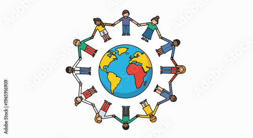 Illustration of diverse people holding hands around the world on a bright day.