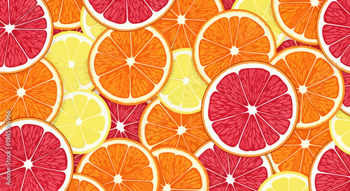 Colorful citrus fruit slices, orange, lemon, grapefruit pattern, vibrant fruit segments, juicy illustration