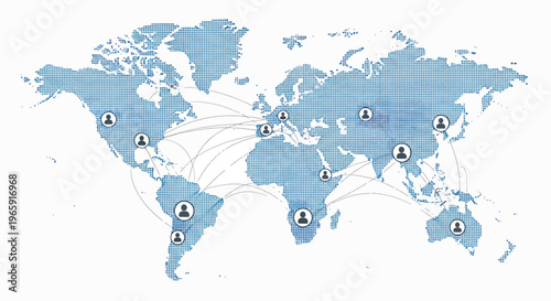A minimalist illustration of a world map with various connections on a white background, representing global relationships on a given day.