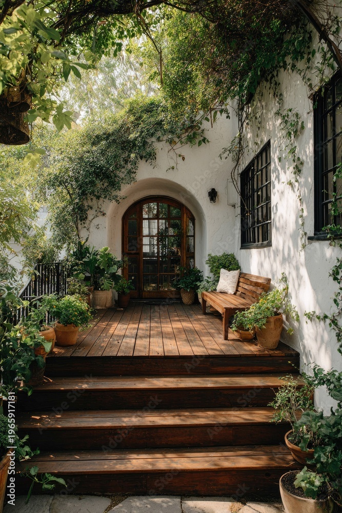 Obraz premium Wooden staircase leading to a charming patio entrance with lush greenery