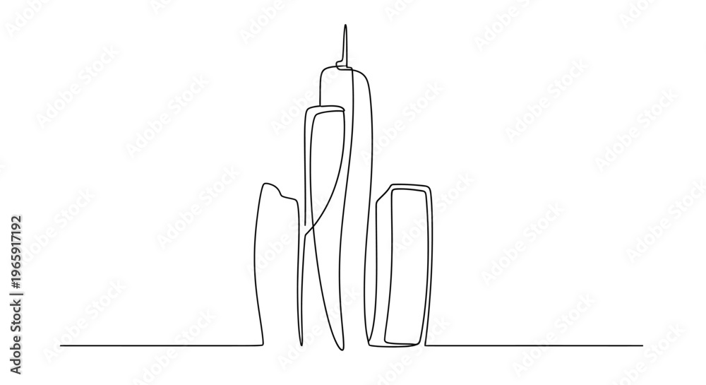 Naklejka premium Minimalist single line drawing of a modern skyscraper building on a white background.