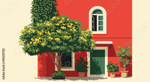 Colorful house, red building, illustration, vector, home exterior