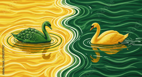 Swans, colorful swan illustrations, green and yellow water, symbolic vector graphics