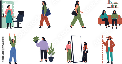 Modern Women Lifestyle Vector Set Featuring Professional Hairdresser Walking Characters Sitting On Sofa Stretching And Caring For Home Plants Collection