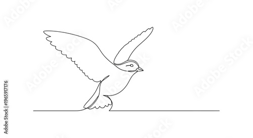 Minimalist single line drawing of a bird taking flight, wings spread, on a white background.