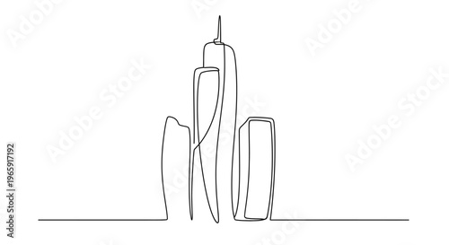 Minimalist single line drawing of a modern skyscraper building on a white background.