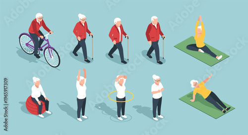 Isometric Elderly People Doing Various Physical Activities Like Cycling Yoga Walking With Cane Stretching And Exercises For Healthy Lifestyle Concept