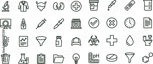 Urine test medical laboratory line icon set for healthcare diagnostics analysis interface symbols vector collection clinical applications